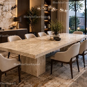 May include: A rectangular dining table with a polished beige marble top and a matching solid marble pedestal base, surrounded by eight upholstered chairs with dark wooden legs, arranged in a formal dining room setting with ambient lighting.