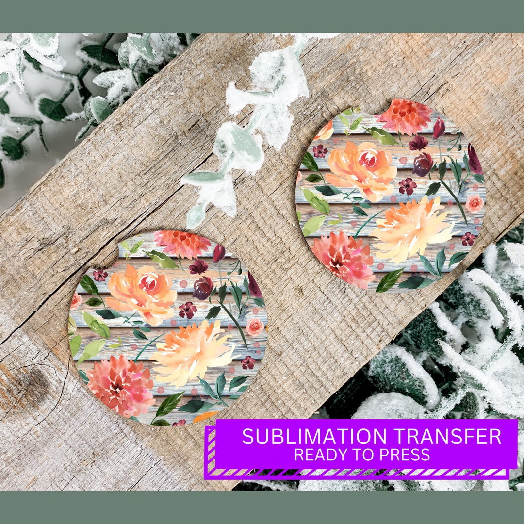 Rustic Wood Floral Car Coaster Ready to Press Heat Transfer, Set of 6
