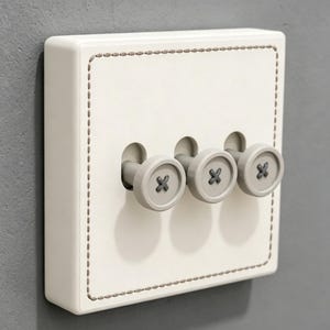 Può includere: Una placca per interruttore quadrata color bianco sporco con un bordo decorativo cucito marrone. La placca include tre interruttori sporgenti, ognuno progettato per assomigliare a un bottone rotondo grigio con un motivo a punto croce grigio scuro.