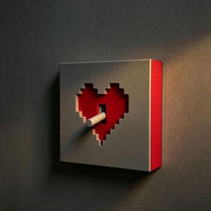 Può includere: Una placca per interruttore quadrata con un ritaglio a forma di cuore pixelato al centro. La placca è grigio chiaro con un bordo laterale rosso brillante. Un interruttore a levetta bianco sporge dal centro del ritaglio rosso a forma di cuore.