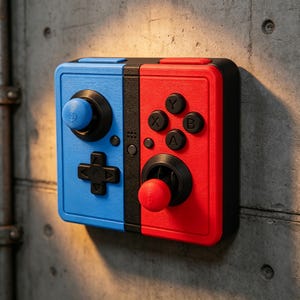May include: A rectangular video game controller wall mount featuring a blue left side and a red right side. The device includes a blue joystick, a black directional pad, a red joystick, and four black action buttons labeled A, B, X, and Y.