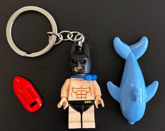 Custom Lifeguard Batman Minifigure Keychain | Handmade Superhero Keyring | Collectible Bag Charm | Gift for Comic Fans
