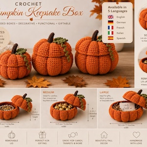 May include: Three orange crochet pumpkin keepsake boxes with brown stems and green vines. The boxes come in three sizes: small at 3.6 inches wide and 1.6 inches high, medium at 5.3 inches wide and 2.4 inches high, and large at 7.3 inches wide and 4.5 inches high.