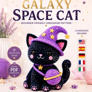 Puede incluir: Un patrón de ganchillo titulado GALAXY SPACE CAT que muestra un gato negro con motas doradas y un sombrero de mago morado con estrellas amarillas. El gato sostiene un planeta morado con un anillo amarillo. Texto: PREMIUM CROCHET PATTERN.