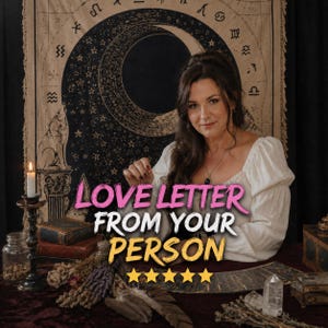 Op de afbeelding: Een witte blouse met lange mouwen en een vierkante halslijn. De afbeelding bevat de tekst LOVE LETTER FROM YOUR PERSON in roze, wit en geel, vergezeld van vijf gele sterren. De achtergrond toont een wandtapijt met een maan en wolf.