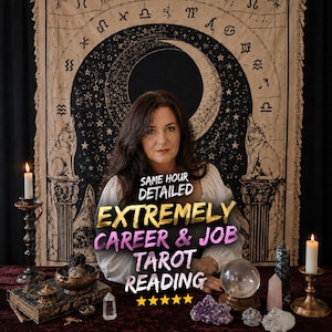 May include: A person sits before a tapestry featuring a moon and zodiac symbols. Text reads: SAME HOUR DETAILED EXTREMELY CAREER & JOB TAROT READING. Five yellow stars appear below. Candles, crystals, a crystal ball, and a book are on the table.