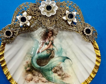 Large Decoupaged Scallop Shell Jewelry Dish: Mermaid