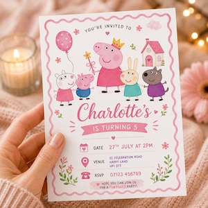 May include: A rectangular party invitation card with a scalloped pink border featuring Peppa Pig characters, a pink balloon, and a house. The text reads: Charlotte's is turning 5, Date 27th July at 2pm, Venue 22 Celebration Road Happy Land HP1 2TT, RSVP 07123 456789.