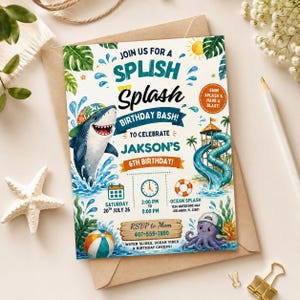 Inbjudan till hajfödelsedag, redigerbar poolparty splash bash-inbjudan, sommarvattenrutschkana Canvas-mall, digital nedladdning