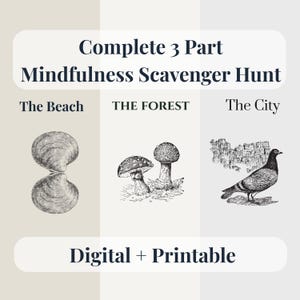 May include: A three-part mindfulness scavenger hunt graphic featuring the text Complete 3 Part Mindfulness Scavenger Hunt, The Beach, THE FOREST, The City, and Digital + Printable. Illustrations include a seashell, two mushrooms, and a pigeon.