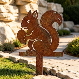 May include: A flat, metal garden stake featuring a cutout silhouette of a squirrel holding an acorn. The surface has a weathered, rusted brown patina with mottled orange and dark brown textures throughout the entire shape of the animal.