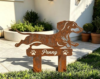 Paletto commemorativo personalizzato per bassotto, segnaposto da giardino con nome del cane personalizzato, cartello in metallo per la perdita di un animale domestico, regalo in ricordo di un bassotto per il giardino.