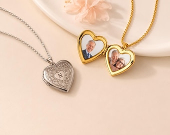 Medaglione a forma di cuore personalizzato: collana con foto incisa e iniziale, regalo di compleanno o per la festa della mamma, in argento o oro.