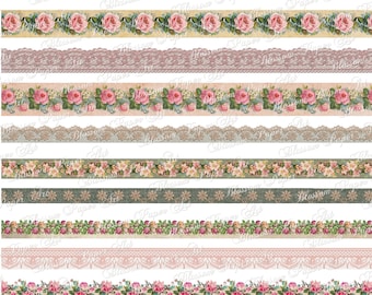 Junk Journal Borders, Lace, Printable washi tape, borders, floral, scraps, Roses Scrapbook Collage Sheets - INSTANT DOWNLOAD 2891