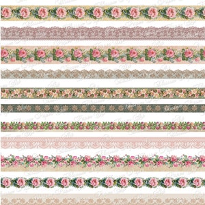 Junk Journal Randen, Kant, Afdrukbare washi tape, randen, bloemen, restjes, Rozen Scrapbook Collage Sheets - INSTANT DOWNLOAD 2891