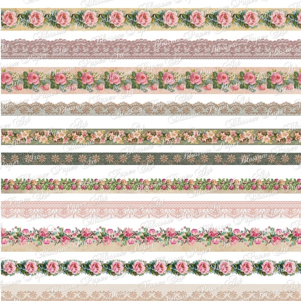 Junk Journal Borders, Lace, Druckbares Washi Tape, Bordüren, floral, Scraps, Rosen Scrapbook Collage Sheets - INSTANT DOWNLOAD 2891