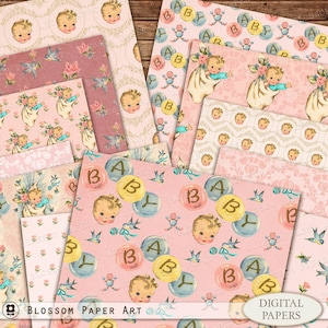 Papier numérique rétro bébé fille, Junk Journal Baby Paper, feuille de Collage bébé vintage, Junk Journal Ephemera Digital Download 2638