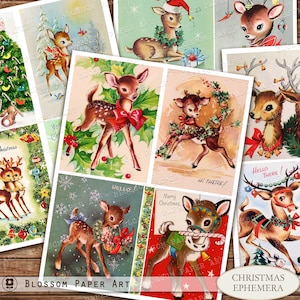 Cartões de Natal vintage, imagens retrô de Natal, gráficos de cervos de Natal, cartões de Natal para impressão, Junk Journal Christmas 2791 2