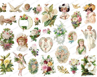Printable SCRAPS, Decoupage Collage, Vintage Victorian Images, White Digital Collage Sheet, Vintage Roses, Scrapbook, Journals - 2700