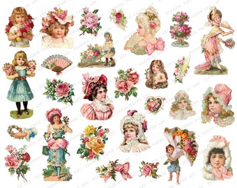 Victorian Digital Collage Sheet, Vintage Pink Ephemera, Roses, Woman Images, Scraps, Decoupage, Scrapbook Digital Download 2693