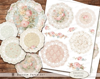 Floral Doily Digital Paper: Rose Collage Sheet (Digital Download) - 2987