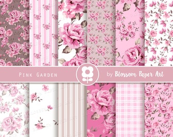 Pink Roses Digital Paper: Shabby Chic Scrapbook Paper (Instant Download)