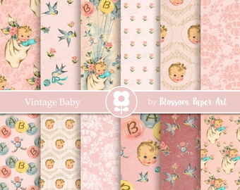 Vintage Baby Girl Digital Paper: Pink Scrapbook Collage Sheets (Digital Download)