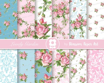 ROSE Shabby chic Digital Paper, Floral Digital Paper Pack, Pink Roses Scrapbooking, Roses - INSTANT DOWNLOAD 2368