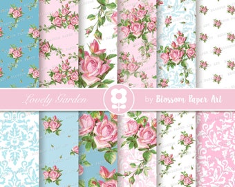 Shabby Chic Rose Digital Paper Pack: Floral Scrapbooking (INSTANT DOWNLOAD)