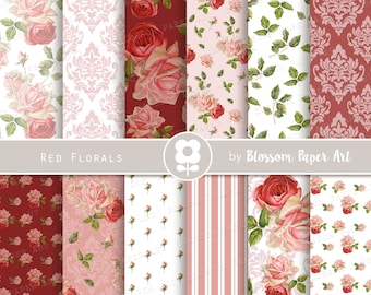 Red Roses Digital Paper: Floral Scrapbook Pack (Digital Download)