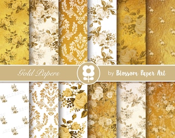 Gold Digital Paper Gold Floral Collage Sheet Roses Digital Paper Pack Victorian Roses Scrapbooking VIntage Roses - INSTANT DOWNLOAD 2337