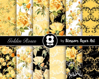 Rose Digital Paper, Black Yellow Floral Digital Paper Pack, Vintage Roses, Scrapbooking, Roses, Gold VIntage Roses - INSTANT DOWNLOAD 2262