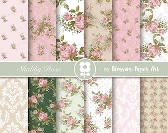Shabby Chic Rose Digital Paper Pack: Vintage Floral Backgrounds (Digital Download)
