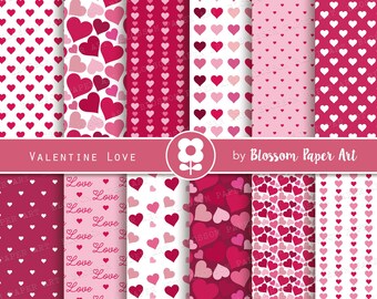 May include: A set of 10 digital paper patterns featuring various heart designs in shades of pink and red. The patterns include hearts of different sizes, polka dots, and the word "Love" repeated in a script font. The text "VALENTINE LOVE" and "by Blossom Paper Art" are included in the image. The text "ITEM NUMBER 2924 2" is also included in the image.