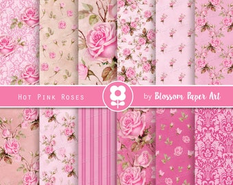 Pink Digital Paper, Floral Scrapbook Paper Pack, Shabby Roses Collage Sheets, Pink Vintage Roses - INSTANT DOWNLOAD 2846