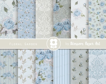 May include: A set of 12 digital papers featuring floral patterns in shades of blue and grey. The papers are perfect for scrapbooking, card making, and other crafting projects. The papers are designed by Blossom Paper Art and are titled "Floral Garden".