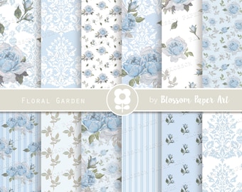 May include: A set of 10 digital papers featuring floral patterns in shades of blue and white. The patterns include damask, stripes, and floral bouquets. The text "Floral Garden" and "Blossom Paper Art" is included in the image.