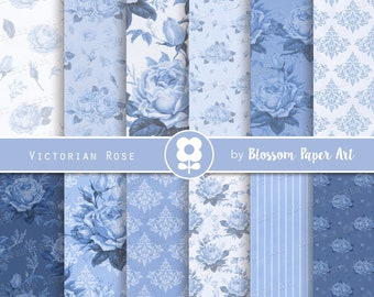 May include: A set of 10 digital paper designs featuring a Victorian rose pattern in shades of blue. The designs include floral patterns, damask, and stripes.