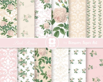 Pink Roses Digital Paper: Shabby Chic Scrapbook Patterns (Instant Download)