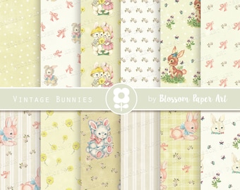 Vintage Bunny Digital Paper: Nursery Scrapbook Designs (Digital Download)