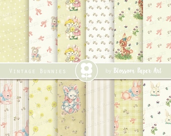 Vintage Baby Digital Paper, Nursery Scrapbook Paper, Nursery Animals, Baby Bunny Scrapbook Paper, Digital Download  INSTANT DOWNLOAD 2779