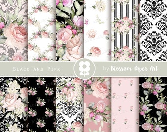 Pink and Black Digital Paper, Floral Pink and Black Digital Paper Pack, Floral Digital Scrapbooking Pack - INSTANT DOWNLOAD 2592 2