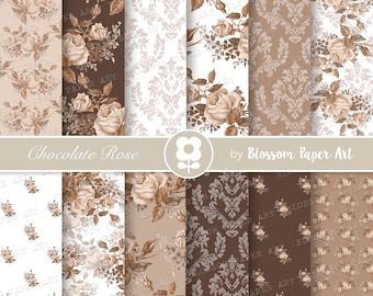 Brown Floral Digital Paper Pack: Vintage Rose Scrapbook (Instant Download)