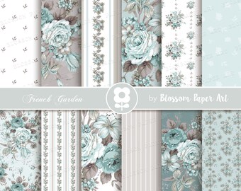 Digitaal papier Aqua Rose: shabby chic bloemencollage (directe download)