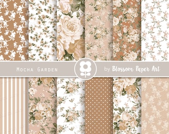 Brown Digital Papers, Floral Digital Paper Pack, Rose Digital Scrapbooking, Rose Papers - INSTANT DOWNLOAD  2836