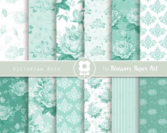 Mintgroen roos digitaal papierpakket: aqua bloemen plakboek (directe download)