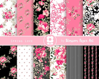 Pink Floral Digital Paper Pack: Black Roses Scrapbook Paper (Instant Download)