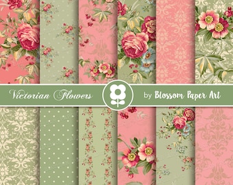 May include: A collection of patterned papers featuring Victorian floral designs. The papers showcase various patterns, including roses, damask, and polka dots, in shades of pink, green, and cream. The text "Victorian Flowers" and "by Blossom Paper Art" are displayed.