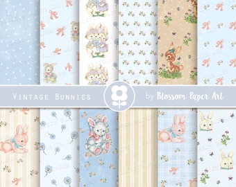 Vintage Bunny Digital Paper: Baby Boy Scrapbook Pack (Digital Download)