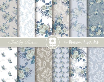 Blue Floral Digital Papers, Shabby chic Wedding Scrapbook Paper pack 2321